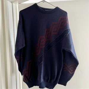 Vintage Navy Wool-Blend Patterned Pullover Crewneck Sweater